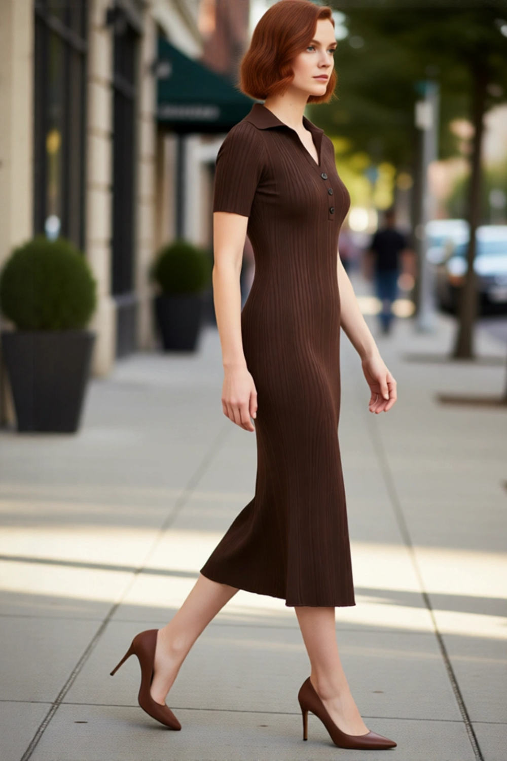 Kadın Casual Düz Desenli Bodycon Polo Yaka Kısa Kollu Triko Maxi Elbise İlkbahar Sonbahar Şıklığı