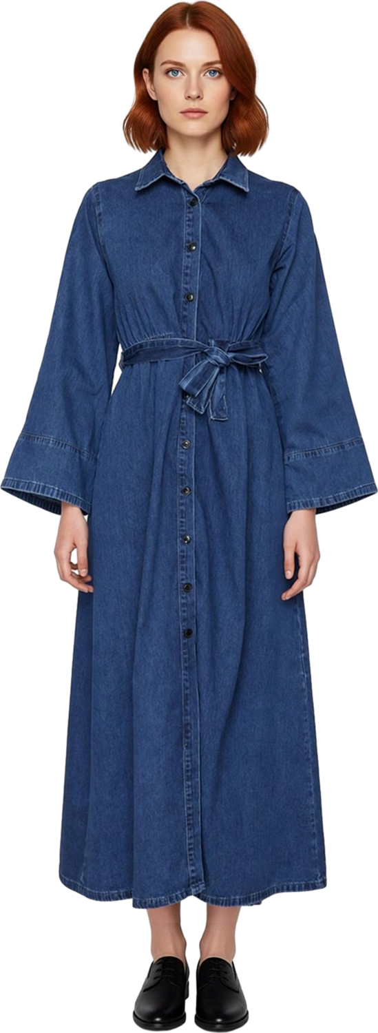 Kadın Düz Desen Kuşaklı Maxi Denim Gömlek Elbise Uzun Melek Kol Yaka %100 Pamuk Günlük