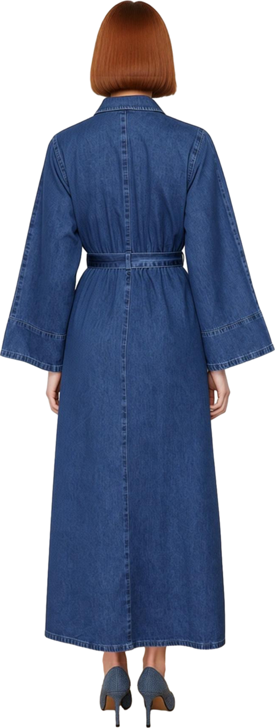 Kadın Düz Desen Kuşaklı Maxi Denim Gömlek Elbise Uzun Melek Kol Yaka %100 Pamuk Günlük