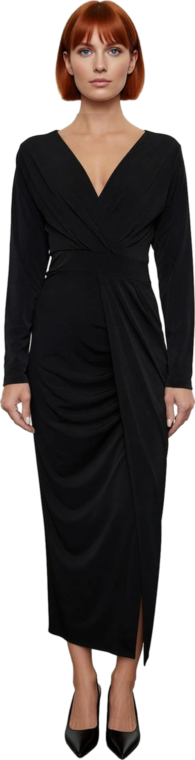 Kadın Şık Kruvaze Yaka Uzun Kollu Anvelop Bodycon Drape Detaylı Örme Maxi Abiye Elbise Kaliteli