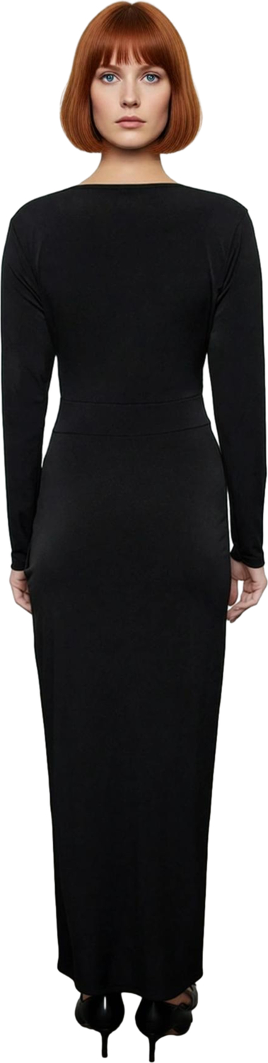 Kadın Şık Kruvaze Yaka Uzun Kollu Anvelop Bodycon Drape Detaylı Örme Maxi Abiye Elbise Kaliteli
