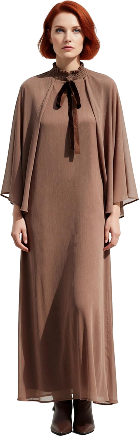 Kadın Vizon A Kesim Pelerinli Maxi Elbise Fırfırlı Dik Yaka Uzun Standart Kol Şık Polyester