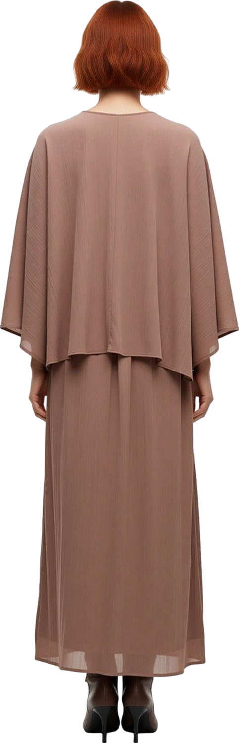 Kadın Vizon A Kesim Pelerinli Maxi Elbise Fırfırlı Dik Yaka Uzun Standart Kol Şık Polyester