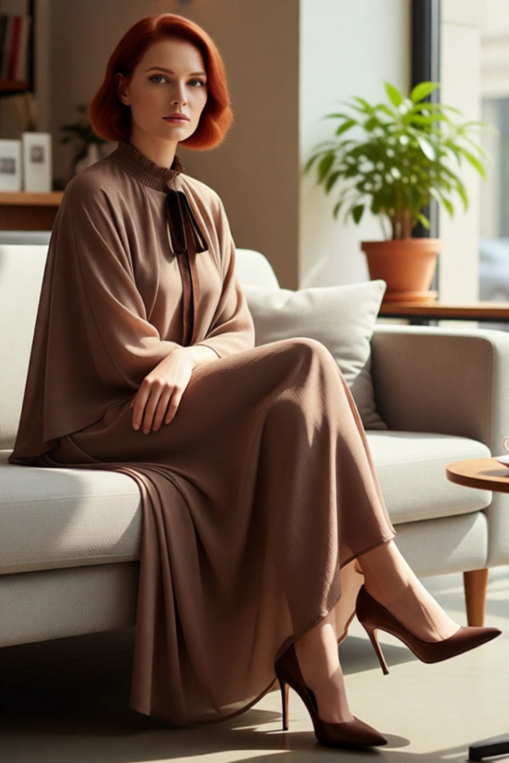Kadın Vizon A Kesim Pelerinli Maxi Elbise Fırfırlı Dik Yaka Uzun Standart Kol Şık Polyester