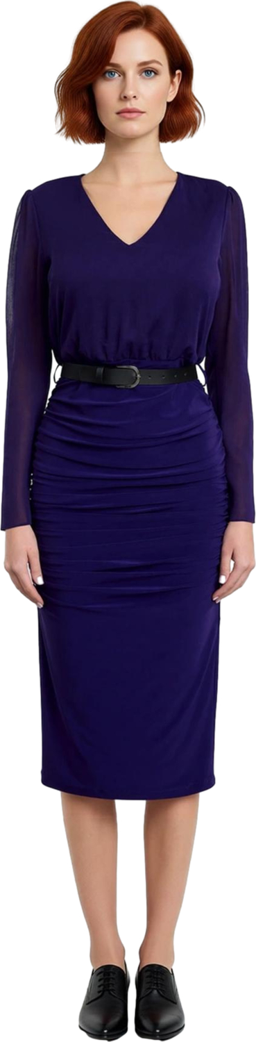 Moda Stil Regular V Yaka Midi Boy Kemerli Vücudu Saran Dokuma Elbise