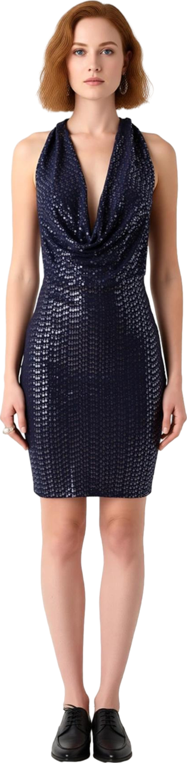 Kadın Fashion Forward Örme Bodycon Mini Elbise Payet Detaylı Degaje Yaka Parti Stili Kaliteli