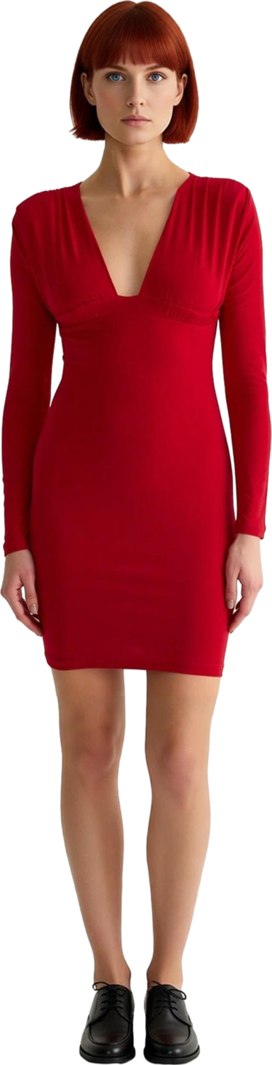 Kadın Şık V Yaka Uzun Kollu Bodycon Mini Elbise Vatkalı Detaylarıyla Özel Gece Davetleri İçin