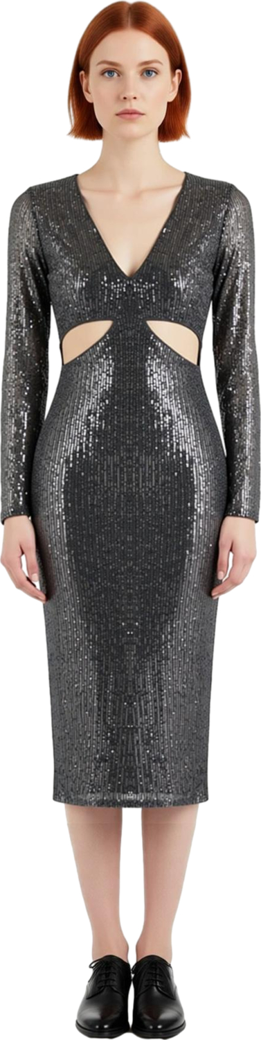 Kadın Şık Midi Boy Payetli Bodycon Elbise V Yaka Kesik Detaylı Özel Davetler İçin Göz Alıcı