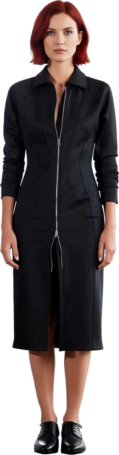 Kadınlar İçin Bodycon Kesim Polo Yaka Uzun Kollu Siyah Örme Midi Elbise Tam Fermuarlı Kaliteli