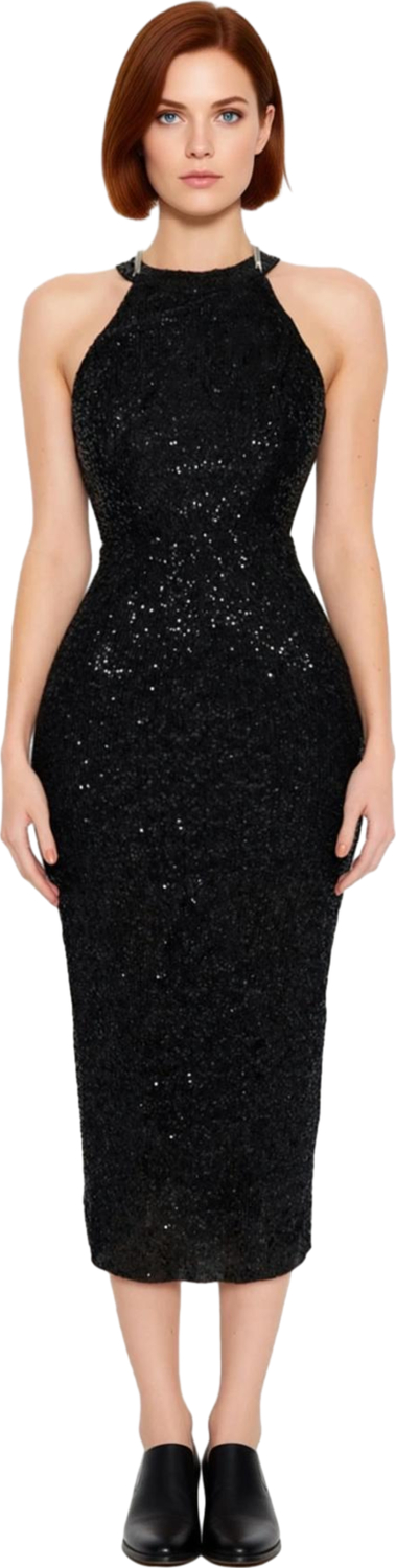 Kadın Halter Yaka Bodycon Midi Abiye Elbise Pul İşleme Detaylı Parıltılı Şık Gece Kıyafeti
