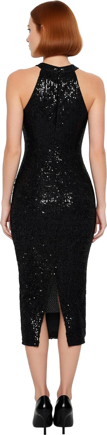 Kadın Halter Yaka Bodycon Midi Abiye Elbise Pul İşleme Detaylı Parıltılı Şık Gece Kıyafeti