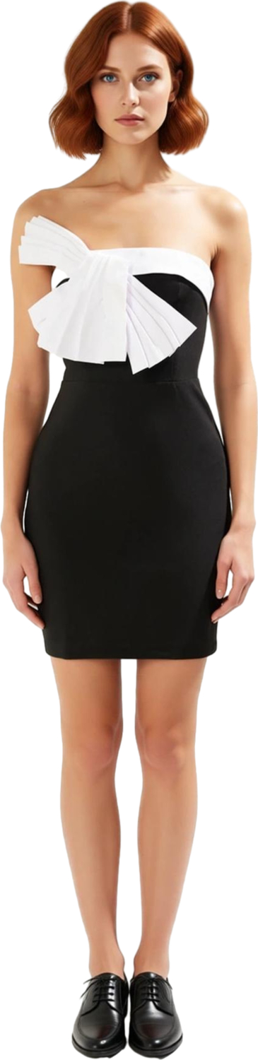 Kadın Fiyonk Detaylı Bodycon Kesim Straplez Mini Elbise Şık Renk Bloklu Yaz Kokteyl Elbisesi