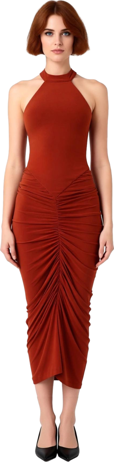 Kadın Kolsuz Bodycon Elbise Boyundan Bağlamalı Büzgülü Midi Kesim Örme Sandy Dokulu Şık Kaliteli