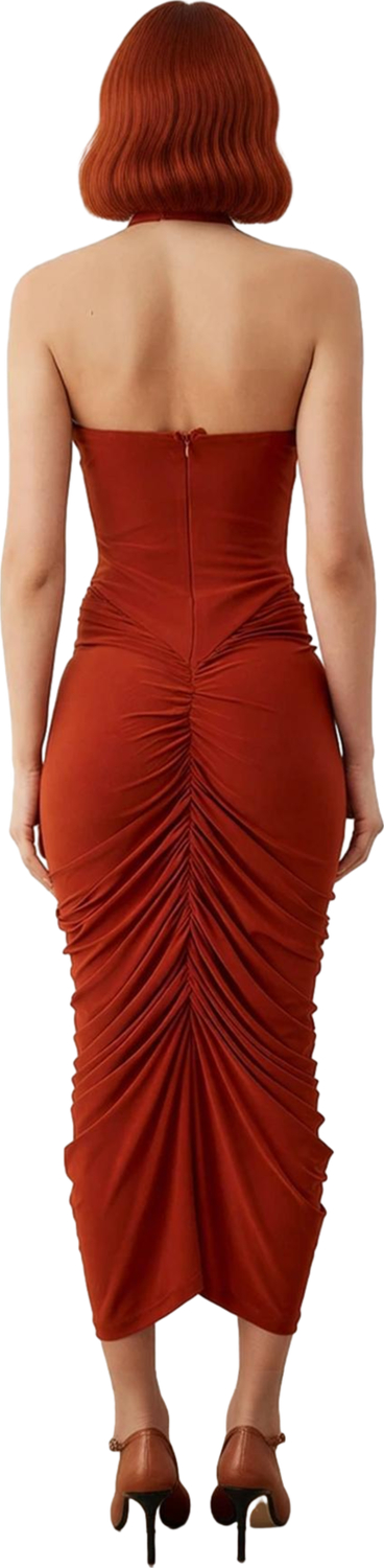 Kadın Kolsuz Bodycon Elbise Boyundan Bağlamalı Büzgülü Midi Kesim Örme Sandy Dokulu Şık Kaliteli