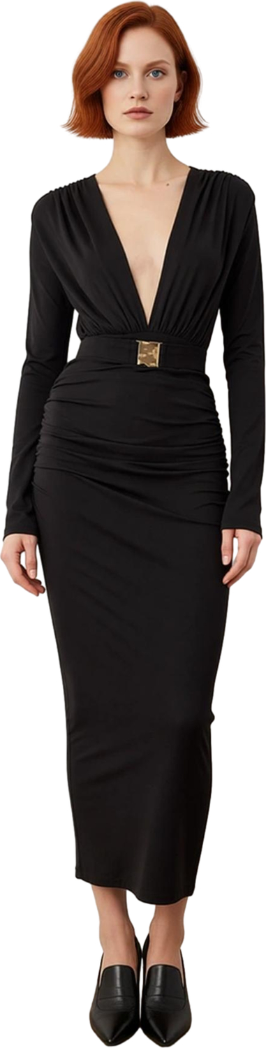 Kadın Bodycon Kesim Uzun Kollu V Yaka Midi Kemerli Şık Gece Davet Elbisesi Modern Tasarım Kaliteli