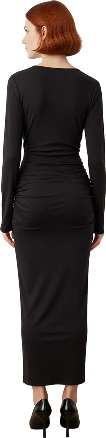 Kadın Bodycon Kesim Uzun Kollu V Yaka Midi Kemerli Şık Gece Davet Elbisesi Modern Tasarım Kaliteli