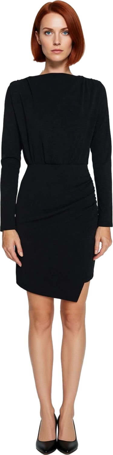 Kadın Şık Bodycon Mini Elbise Uzun Kollu Kayık Yaka Asimetrik Drape Detayları ile Modern Görünüm