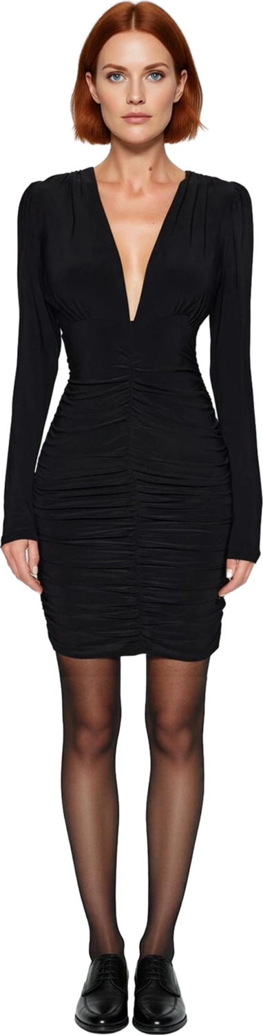 Kadın V Yaka Uzun Kollu Örme Drapeli Bodycon Kalıp Mini Elbise Kalın Sandy Kumaş Konforu Sunar