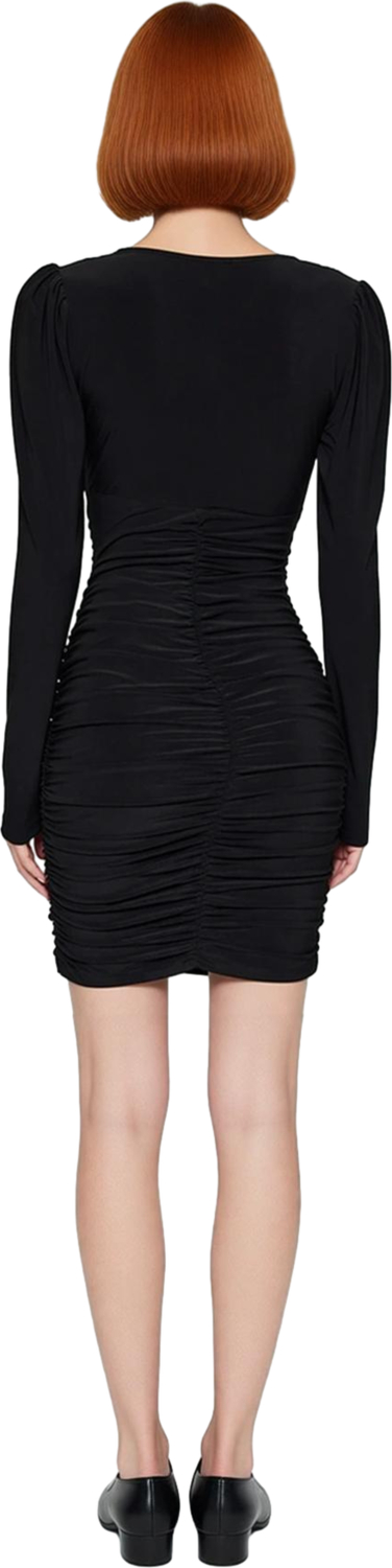 Kadın V Yaka Uzun Kollu Örme Drapeli Bodycon Kalıp Mini Elbise Kalın Sandy Kumaş Konforu Sunar