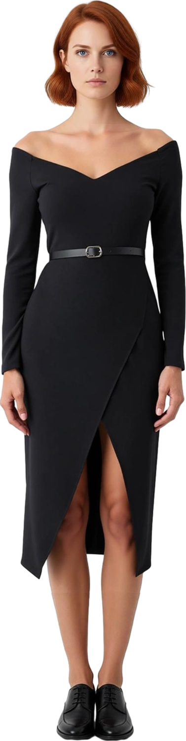 Kadın Midi Boy Carmen Yaka Bodycon Elbise Kemerli Uzun Standart Kollu Dokuma Şık Tasarım Kaliteli