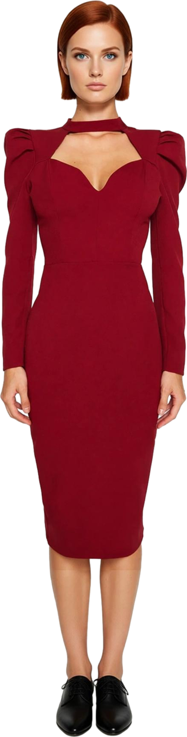 Kadınlara Özel Bordo Bodycon Kesim Midi Elbise Balon Kol Kalp Yaka Gece Kokteyl Davetleri İçin