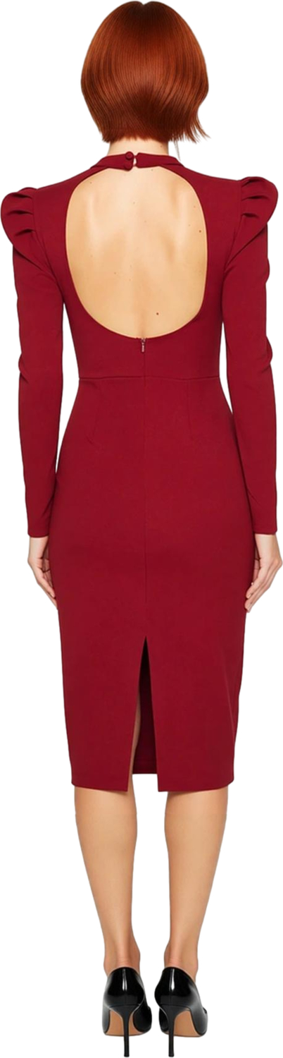 Kadınlara Özel Bordo Bodycon Kesim Midi Elbise Balon Kol Kalp Yaka Gece Kokteyl Davetleri İçin