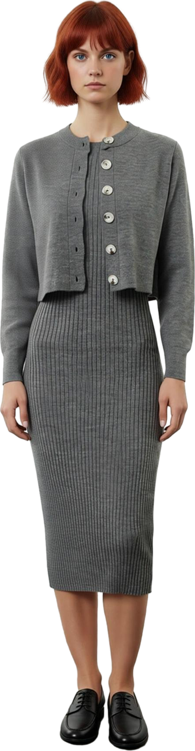 Kadın Şık Akrilik Bisiklet Yaka Uzun Kol Bodycon Midi Triko Elbise Hırka Seti Günlük Kaliteli