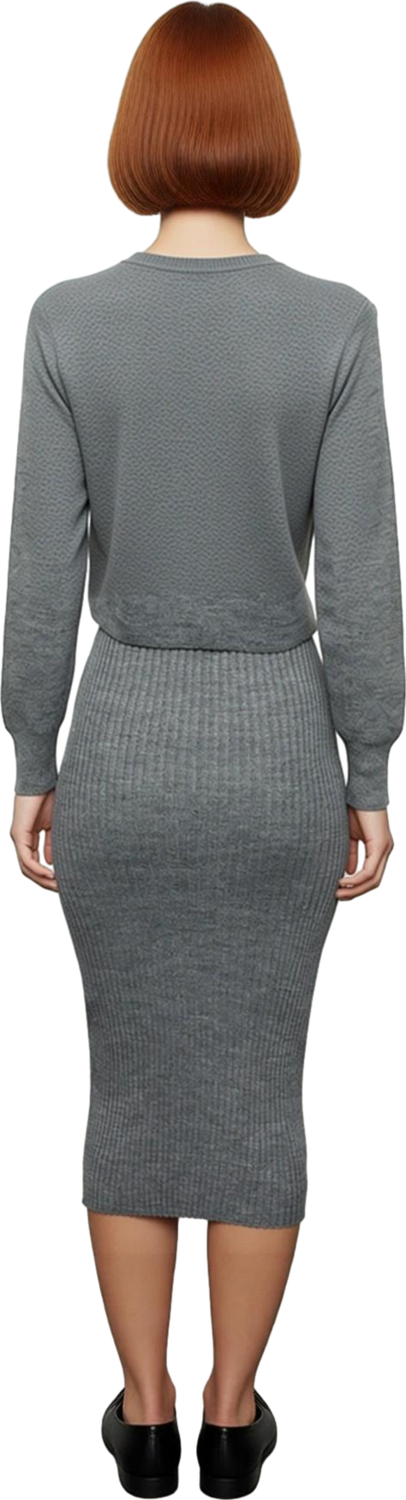 Kadın Şık Akrilik Bisiklet Yaka Uzun Kol Bodycon Midi Triko Elbise Hırka Seti Günlük Kaliteli