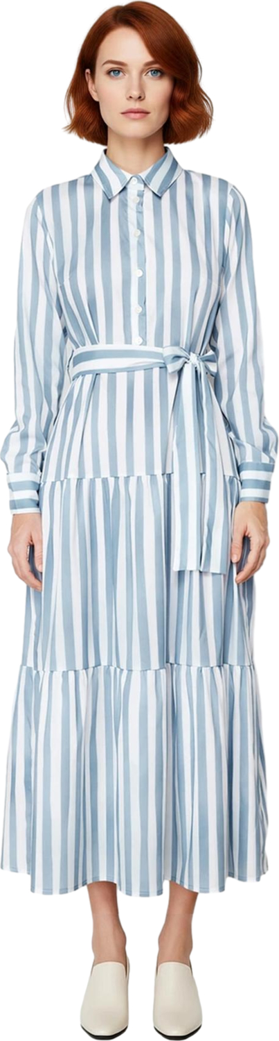 Kadın Fashion Forward Çizgili Dokuma Gömlek Yaka Kuşaklı Fırfırlı Etekli Maxi Elbise İlkbahar