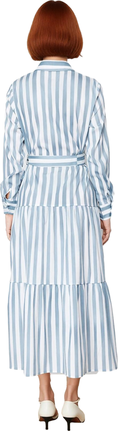 Kadın Fashion Forward Çizgili Dokuma Gömlek Yaka Kuşaklı Fırfırlı Etekli Maxi Elbise İlkbahar