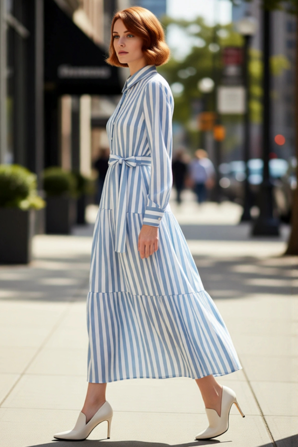Kadın Fashion Forward Çizgili Dokuma Gömlek Yaka Kuşaklı Fırfırlı Etekli Maxi Elbise İlkbahar