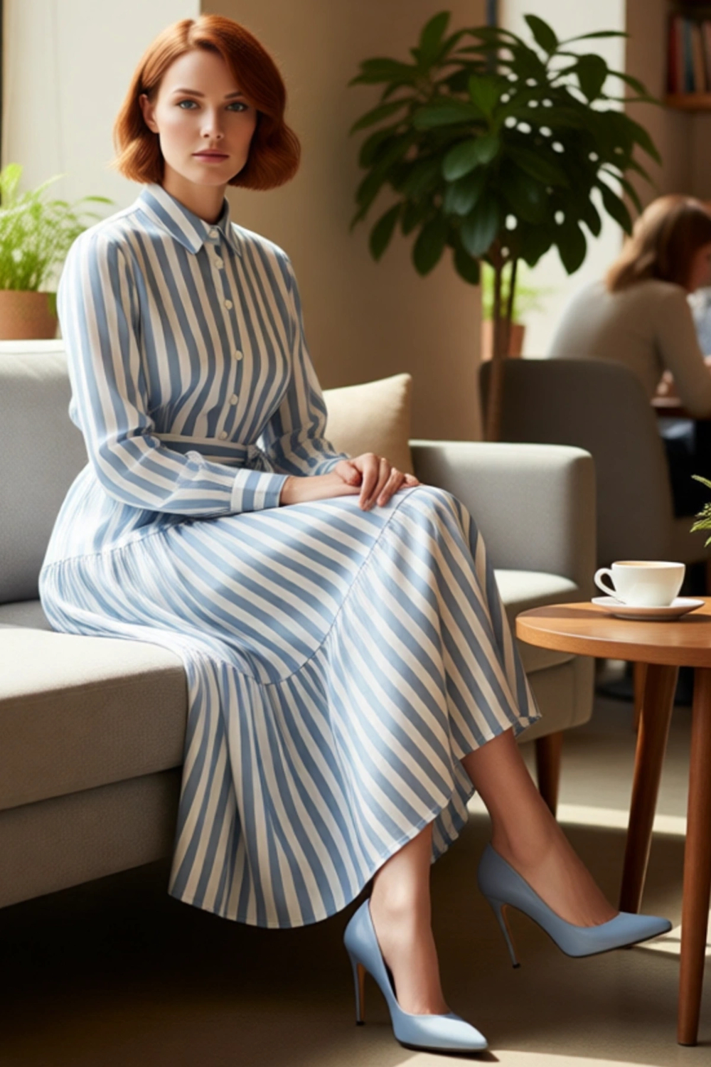 Kadın Fashion Forward Çizgili Dokuma Gömlek Yaka Kuşaklı Fırfırlı Etekli Maxi Elbise İlkbahar