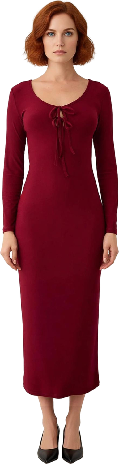 Kadın Smart Kesim Havuz Yaka Bağlama Detaylı Uzun Kol Bodycon Örme Maxi Abiye Elbise Kaliteli