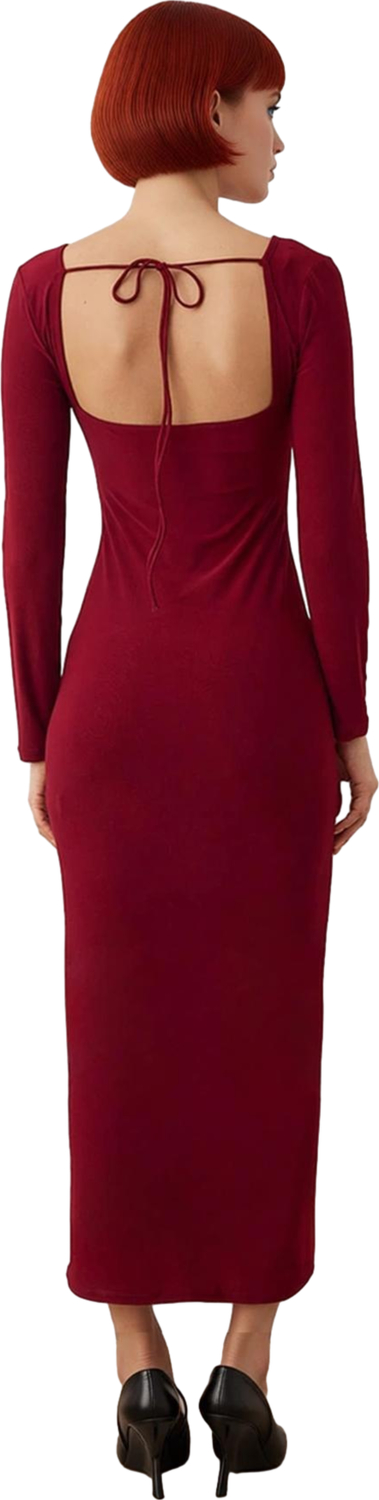 Kadın Smart Kesim Havuz Yaka Bağlama Detaylı Uzun Kol Bodycon Örme Maxi Abiye Elbise Kaliteli