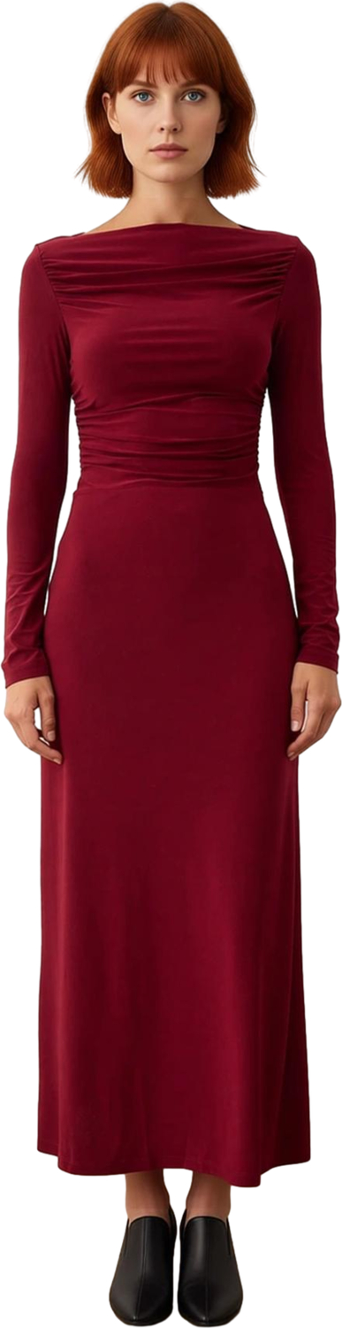 Kadın Midi Boy Kayık Yaka Bodycon Elbise Standart Kollu Büzgülü Düz Örme Kumaş Her Ortama Uygun