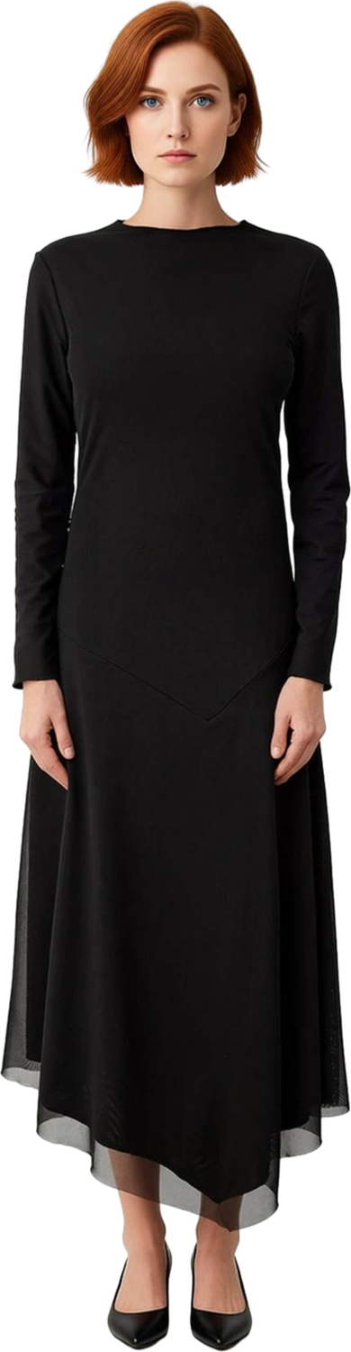 Kadın Şık Kayık Yaka Uzun Kollu Siyah Astarlı Maxi Boy Tül Detaylı Bodycon Örme Elbise Kaliteli