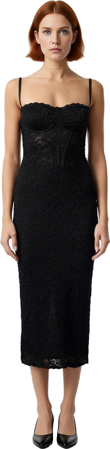 Kadın Şık Midi Elbise Astarlı Bodycon Kalıp Kalp Yaka Dantel Detaylı Özel Davetler İçin Kolsuz