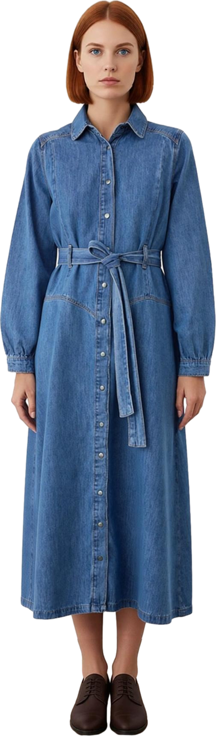 Kadınlar İçin Mavi Gömlek Yaka A Line Kemerli Maxi Denim Elbise %100 Pamuklu Günlük Şıklık