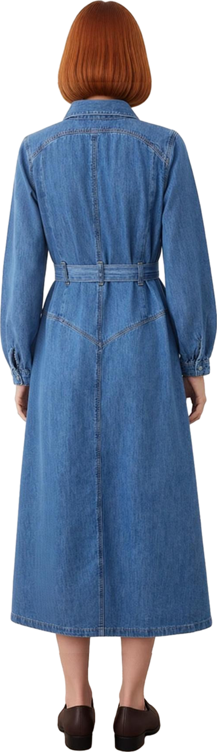 Kadınlar İçin Mavi Gömlek Yaka A Line Kemerli Maxi Denim Elbise %100 Pamuklu Günlük Şıklık