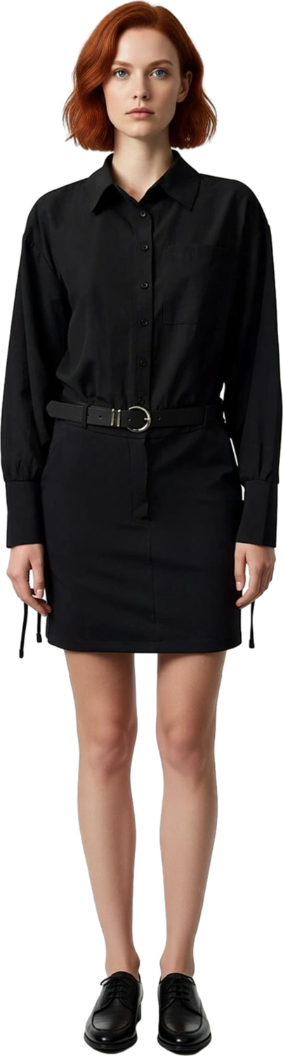 Kadın Fashion Forward Siyah Kemer Tokalı Mini Gömlek Elbise Uzun Yarasa Kol Kış Modası Kaliteli