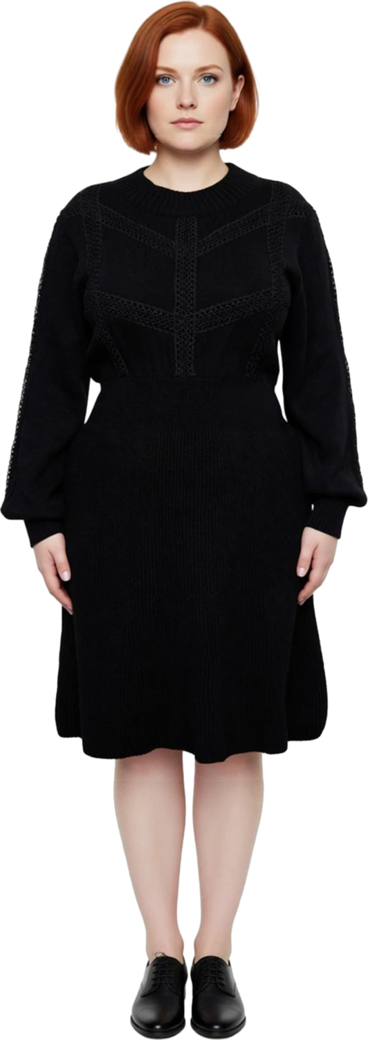 Kadın Oversize Selanik Dokuma Midi Boy Triko Elbise Örgü Detaylı Bisiklet Yaka Uzun Kollu Kış Stili