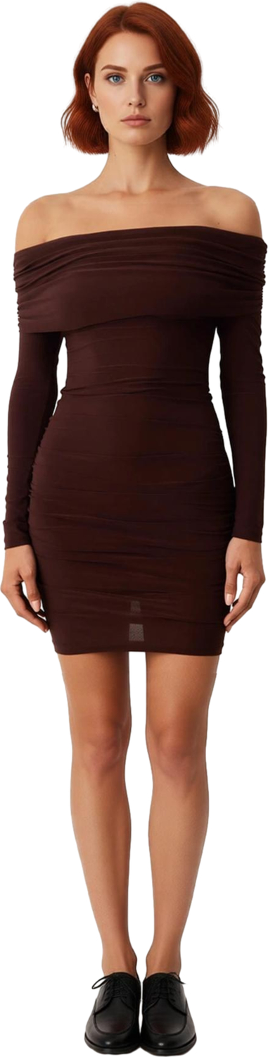 Kadın Düşük Omuz Carmen Yaka Bodycon Kesim Uzun Kol Düz Midi Elbise Sandy Örme Şık Stil Kaliteli