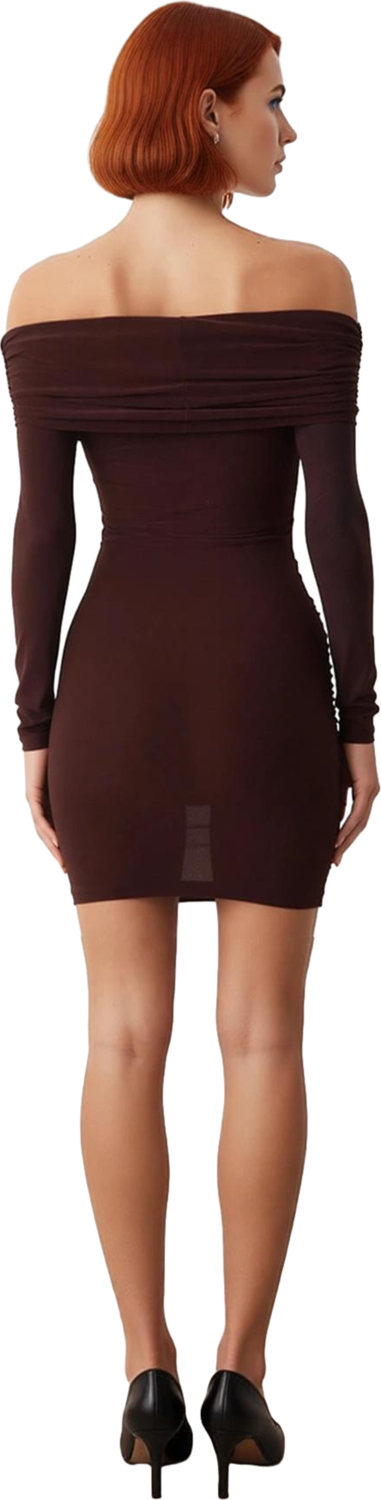 Kadın Düşük Omuz Carmen Yaka Bodycon Kesim Uzun Kol Düz Midi Elbise Sandy Örme Şık Stil Kaliteli