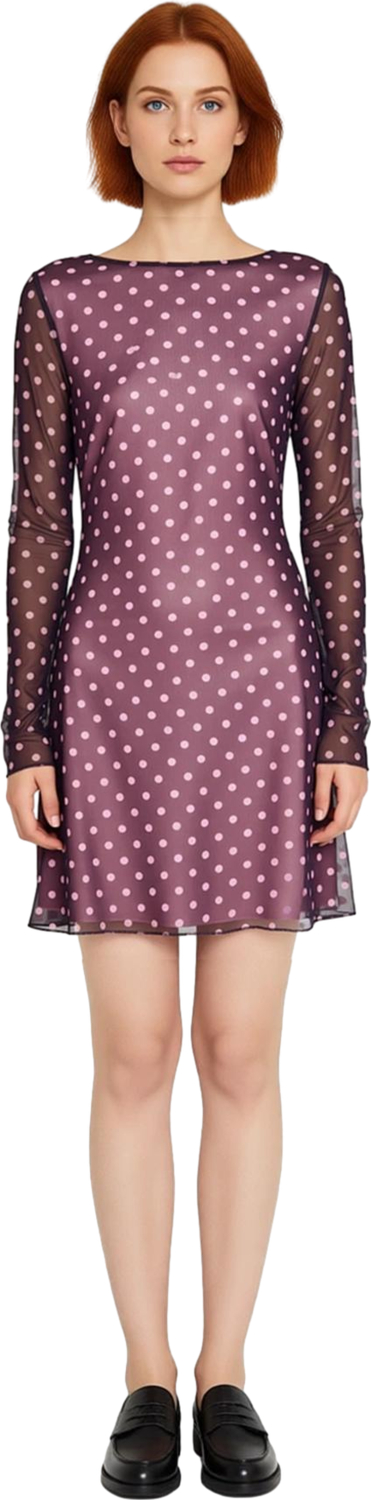 Kadın Puantiyeli Tül Mini Elbise Bodycon Kalıp Kayık Yaka Uzun Kol Rahat Şık Günlük Stile Uygun