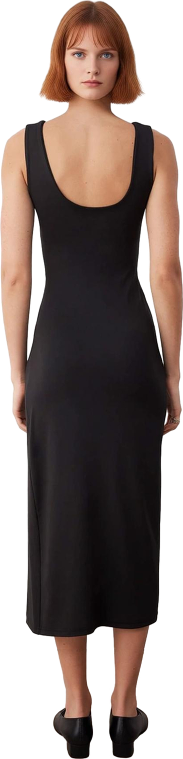 Kadın Şık Bodycon Kolsuz Midi Elbise Esnek Mikro Örme Kumaşıyla Büzgü Detaylı Yırtmaçlı Tasarım.