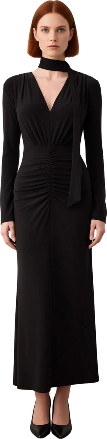 Kadın Fashion Forward Bodycon Kesim V Yaka Kuşak Detaylı Maxi Elbise Kış Şık Ortamlar İçin