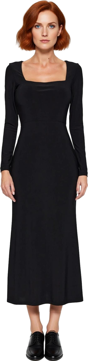 Kadınlara Özel Düz Desenli Uzun Kollu Bodycon Maxi Elbise Kare Yaka Polyester Karışımlı Kaliteli
