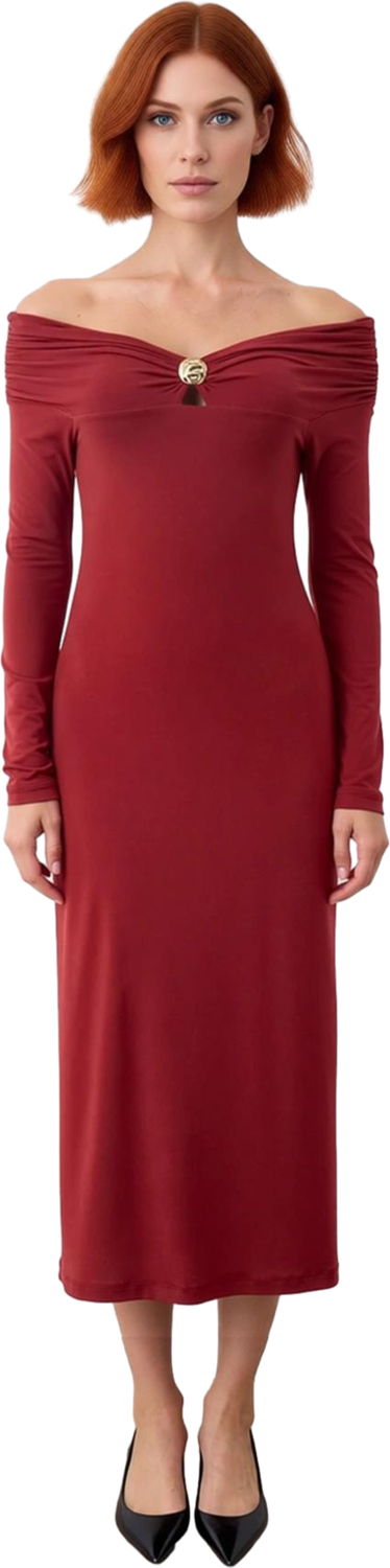 Kadın Bodycon Kesim Carmen Yaka Uzun Kollu Maxi Elbise Aksesuar Detaylı Örme Kış Modası Kaliteli