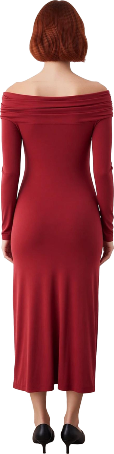 Kadın Bodycon Kesim Carmen Yaka Uzun Kollu Maxi Elbise Aksesuar Detaylı Örme Kış Modası Kaliteli
