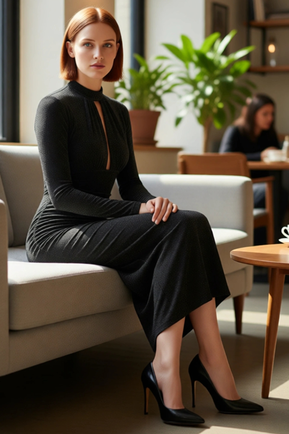 Moda Stil Fitted Dik Yaka Midi Boy Dekolte Detaylı Dokuma Şık Abiye Elbise